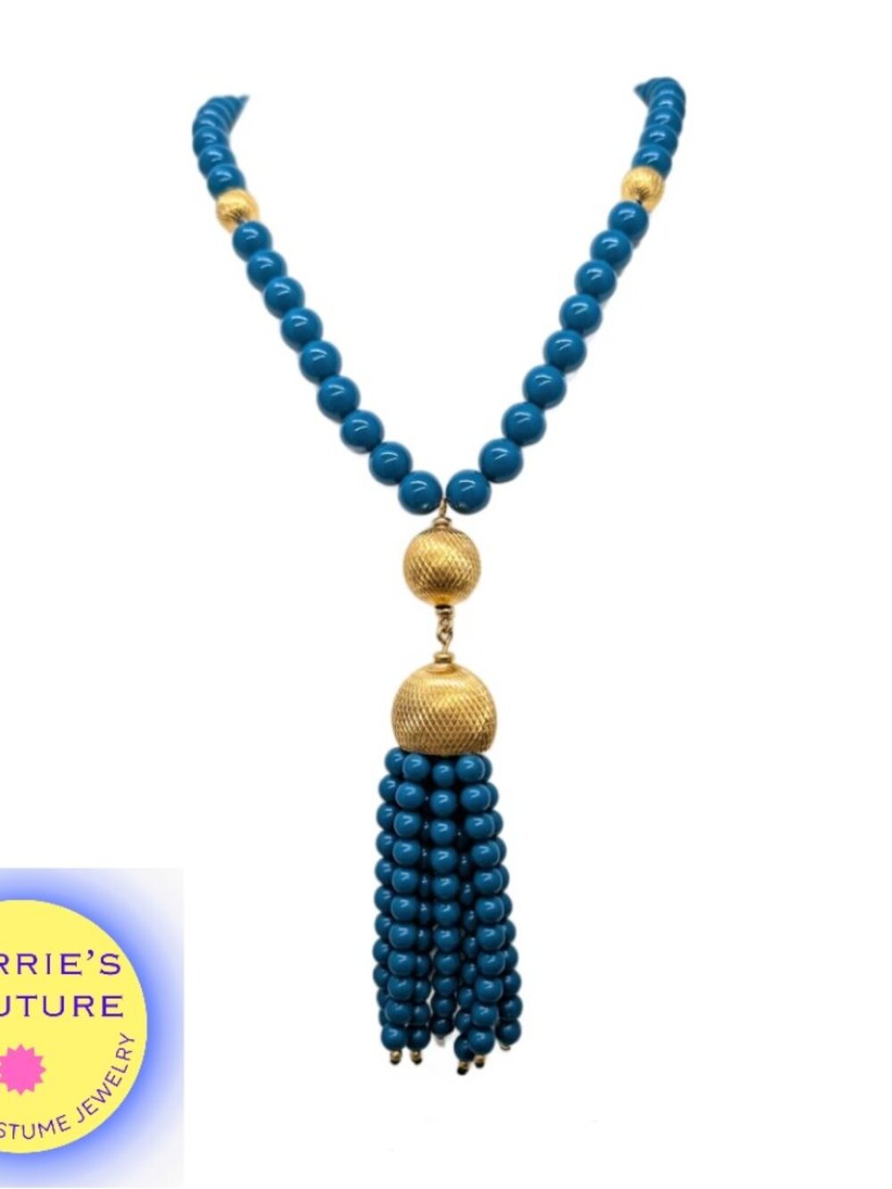 Vintage 1980s Signed Napier Goldtone Beaded Faux-Lapis Tassel Pendant Necklace